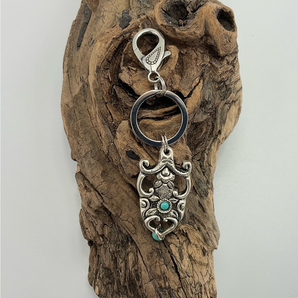 BoHo Western Keychain, Faux Turquoise & Antique Silver, Purse Charm, Key Ring - Picture 7 of 8